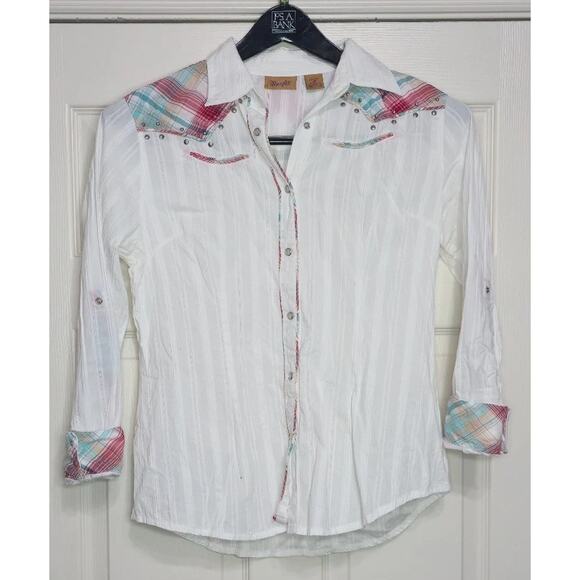 Wrangler Retro Red & White Print Pearl Snap Long Sleeve Western Shirt M - Picture 1 of 4